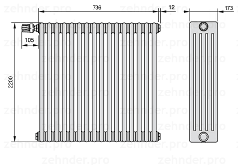 Схема (чертеж) Радиатор Zehnder Charleston 5220/16 №V012 Белый глянцевый RAL 9016